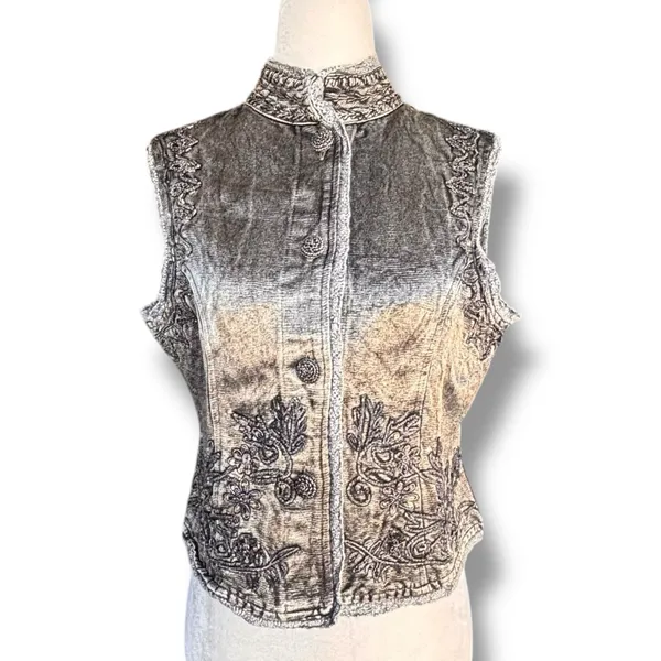 Vintage Gray Embroidered‎ Beaded Mandarin Collar Boho Vest Artisan Western Layer - Image 5