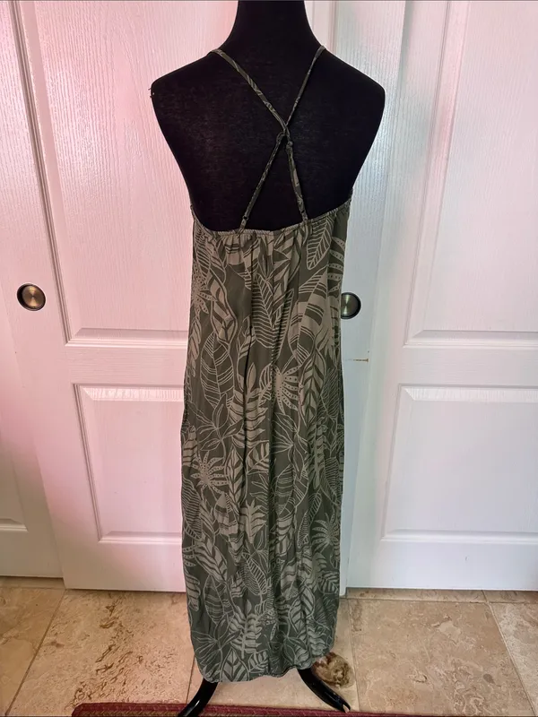 OLD NAVY PALM LEAF Olive Green Printed Rayon Dress - Image 5