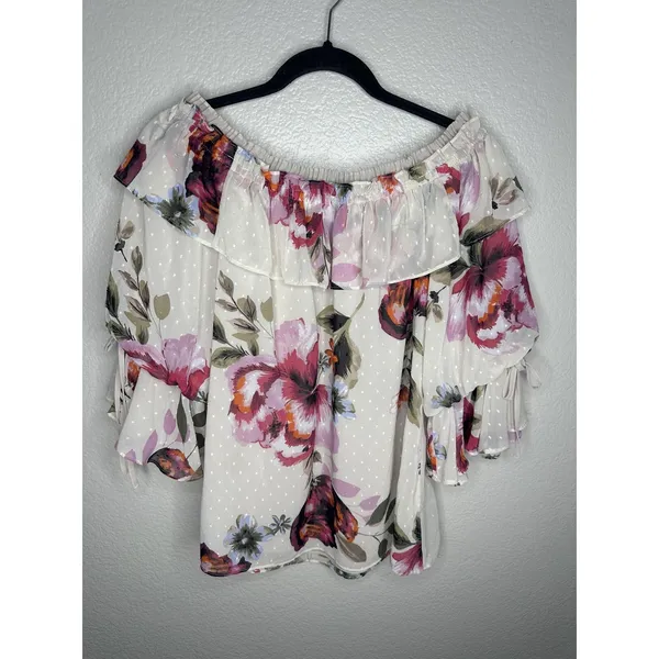 White House Black Market Blouse Womens Medium White Floral Ruffle Off Shoulder - Image 5