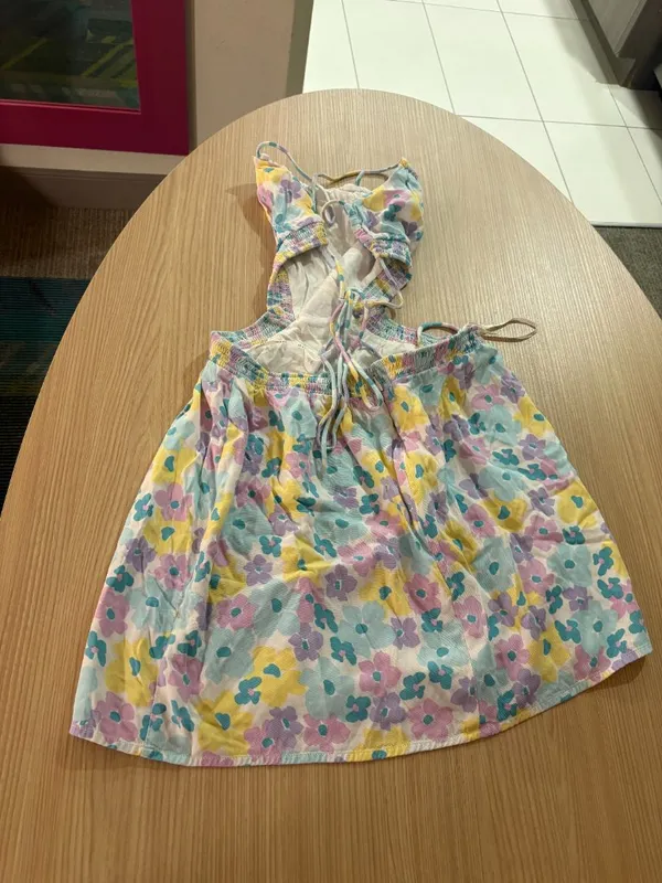 Sabo Sun Dress Large White Pastel Floral Print Cut Outs Tie Back Lined Beach - Image 2