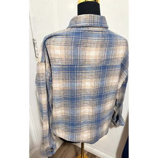 Active USA Blue Tan‎ Plaid Wool Blend Shacket Button Front Jacket Large J12525 - Image 3