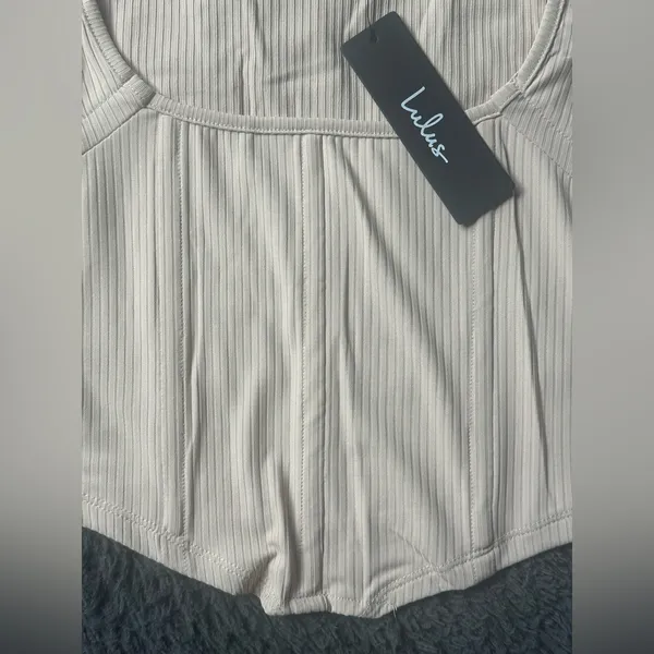 Lulus Flair for the Flirty Beige Ribbed Long Sleeve Bustier Crop Top Medium nude - Image 4