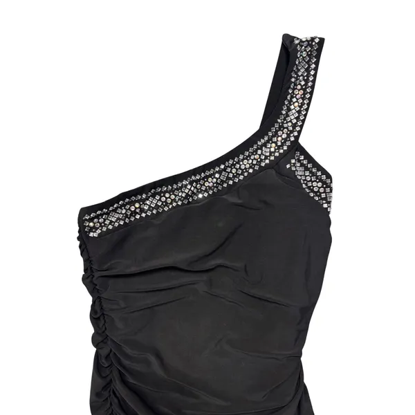 Deb Y2K Mini Dress S One Shoulder Black Ruched Rhinestone Trim Party Going Out - Image 2