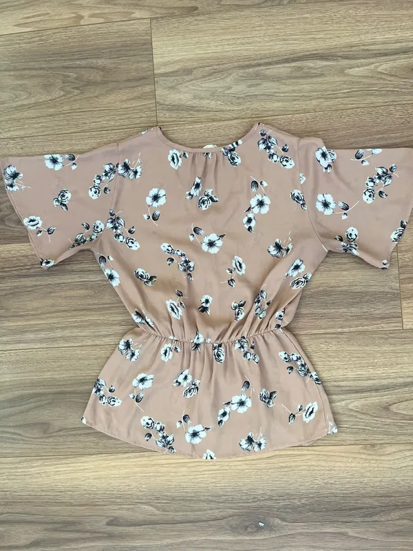 Sienna Sky Floral Wrap Blouse | Dusty Rose Kimono Sleeve Tie Waist Top | Size Small - Image 4