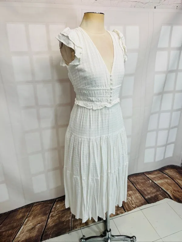 Express White Gauze Plunge V-Neck Smocked Flutter Sleeve Midi Dress Size Small - Image 2