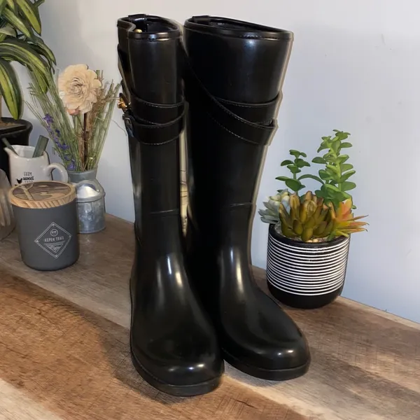 Coach Trisha Tall Rubber Rain Boots With Gold Buttons & Leather Size 9M - Image 6