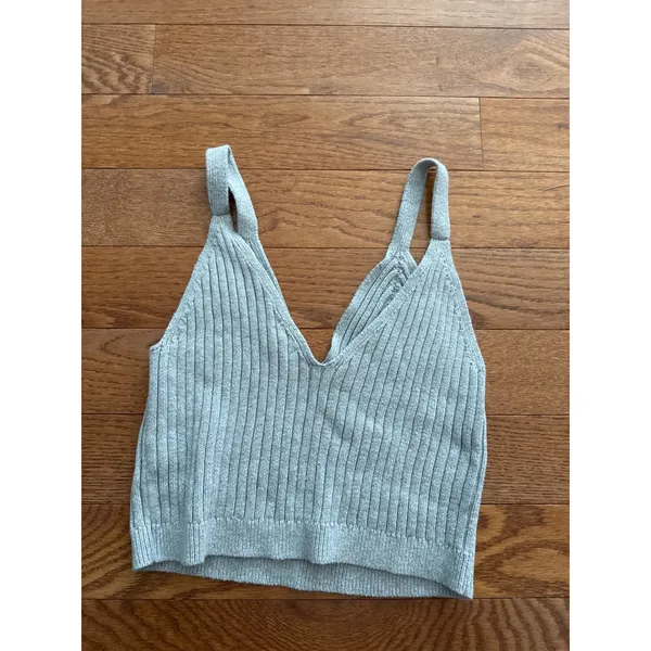Aerie Womens XL Gray Ribbed Knit V-Neck Cropped Sweater Tank Top‎ minimalist - Image 2