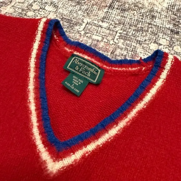 Vintage Y2K Abercrombie & Fitch Wool Sweater‎ Vest Red Collegiate Preppy - Image 3