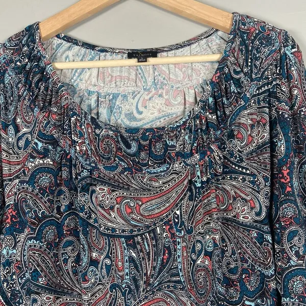 TALBOTS Teal‎ Paisley Stretch Shirred Blouson Midi Dress Size L Large Classic - Image 3