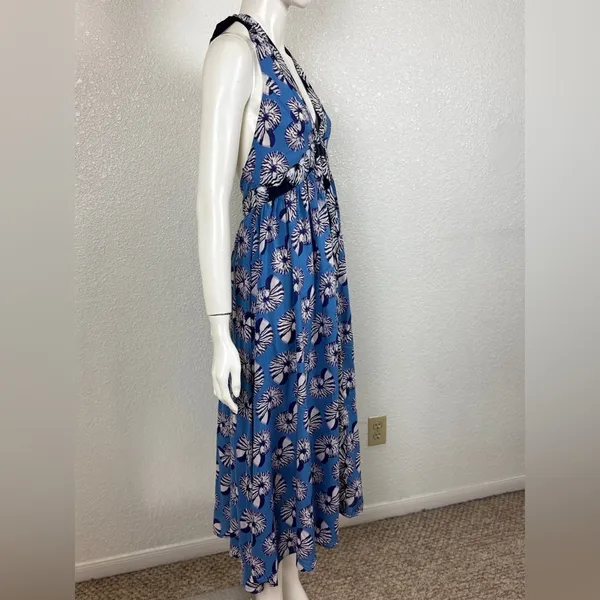 By Anthropologie XS Halter Cutout Midi Dress Maxi Blue Seashells Print. J-13 - Image 5