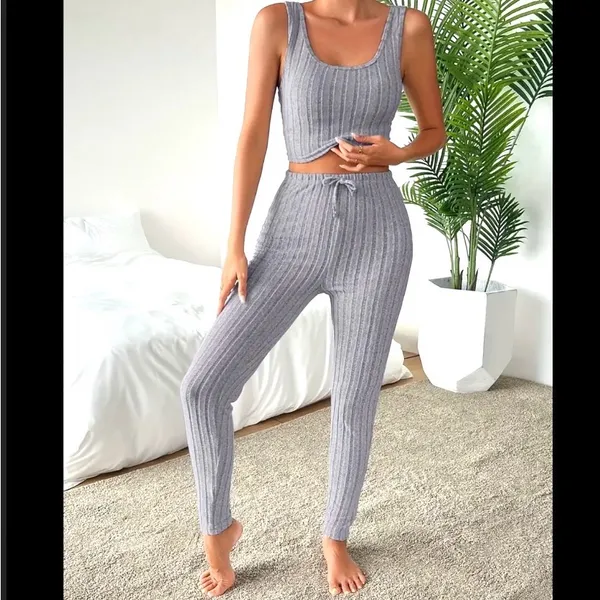 SheIn Gray Ribbed Crop Top,Pants & Duster Set - Image 2