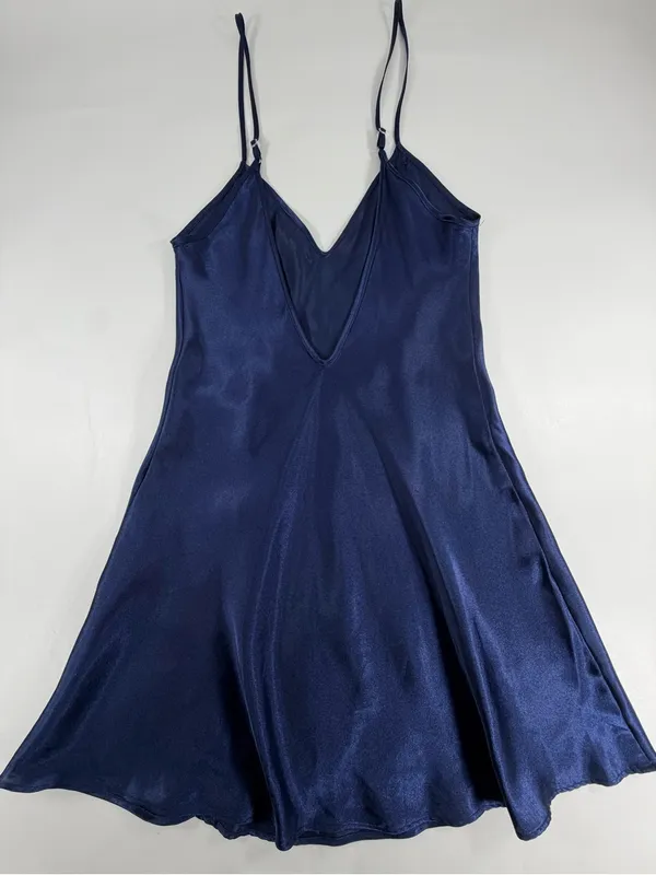 Fredericks of Hollywood Navy Blue Satin Chemise Slip Dress Side Tie‎ Lingerie S - Image 2