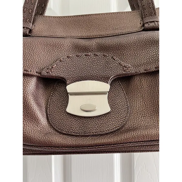 Ashneil Shimmer Brown Pebbled Leather Satchel Bag Silver Hardware Suede Lining‎ - Image 2