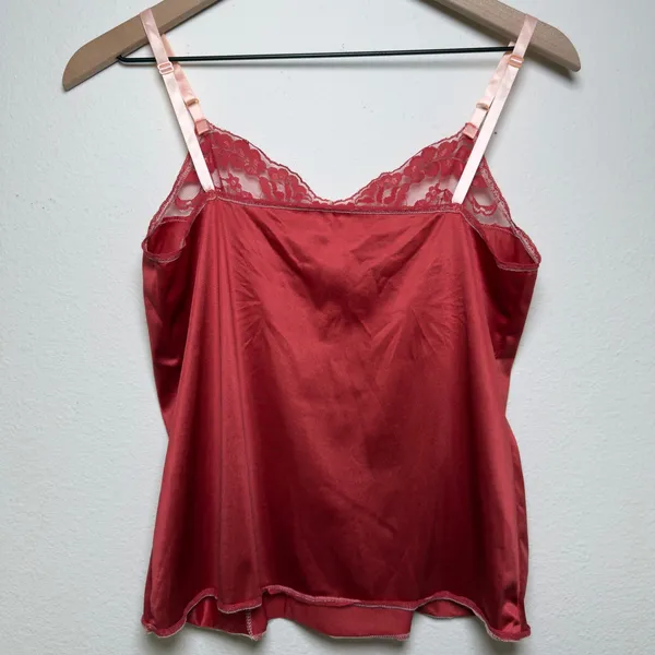 VTG‎ 80s Vassarette Women Nylon Whimsigoth Cami Top Medium Red Lace Trim Satin - Image 6