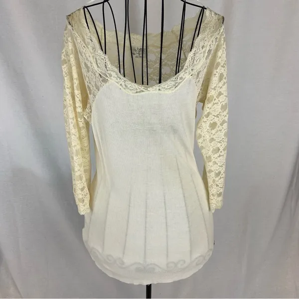 Free People Cream Lace Sleeved Romantic Fairycore Regencycore Ribbed Top - Image 5