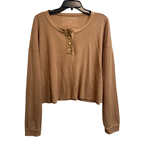 American Eagle Cropped Long Sleeve Henley Thermal Brown Crop Top Large - Image 2