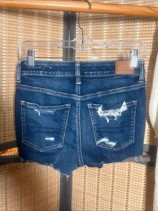 AEO Hi-Rise Shortie Distressed Dark Blue Denim Cutoffs - Image 3