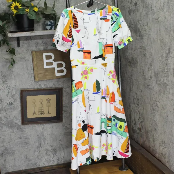 NWT Ny Collection Sleeve Midi Length Jacquard Dress Country Painting White S - Image 4
