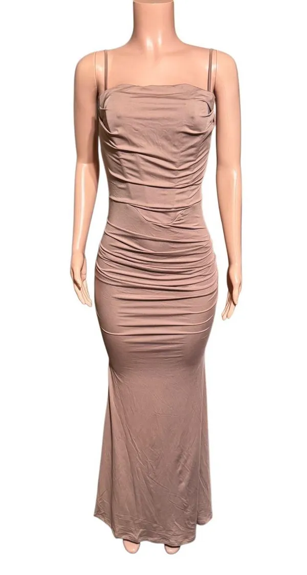 Marthea sleeveless bodycon corset maxi dress/ spaghetti strap ruched mocha dress M - Image 2