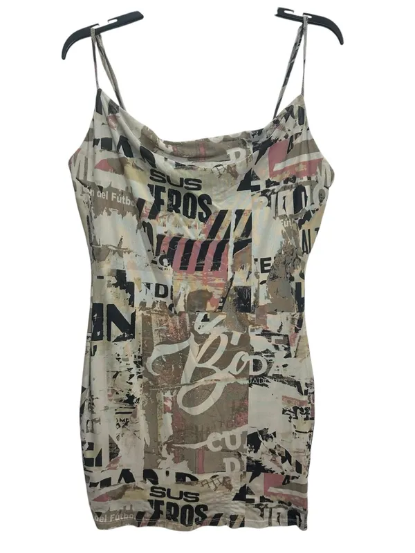 Forever 21 Size L Newspaper Graphic Cowl Neck Mesh Mini Dress Y2K Grunge - Image 3