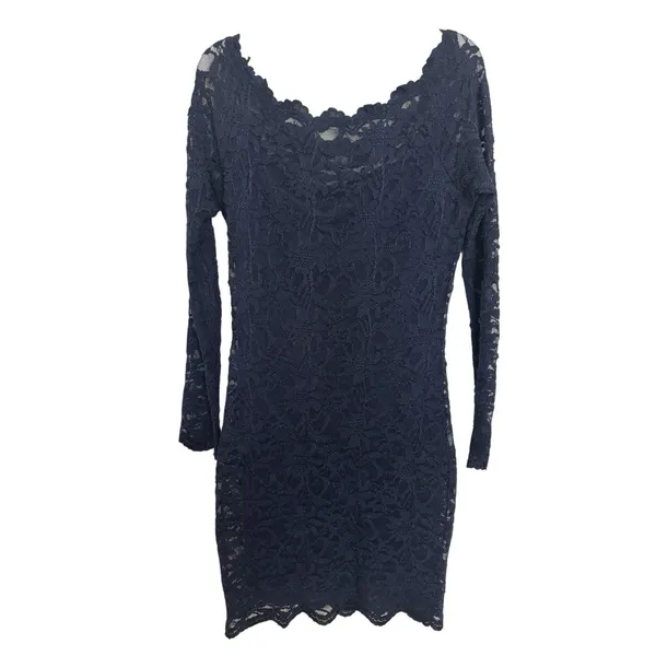 Navy Blue Floral Lace Body Con Long Sleeve Dress Y2K Club M Off Shoulder USA - Image 4