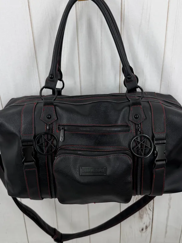 Killstar Black Duffel Bag with Red Stitching and Pentagram Pulls - Image 3