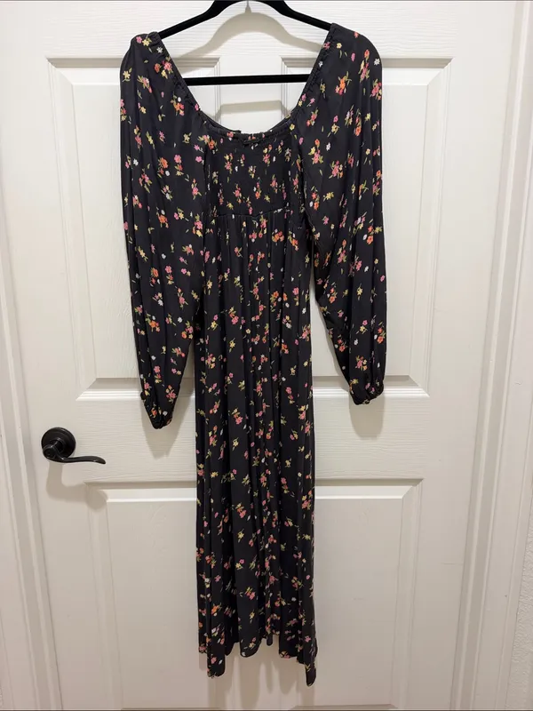 Billabong Black Floral Tie-Front Long Sleeve Boho Peasant Style Midi Dress XS - Image 9