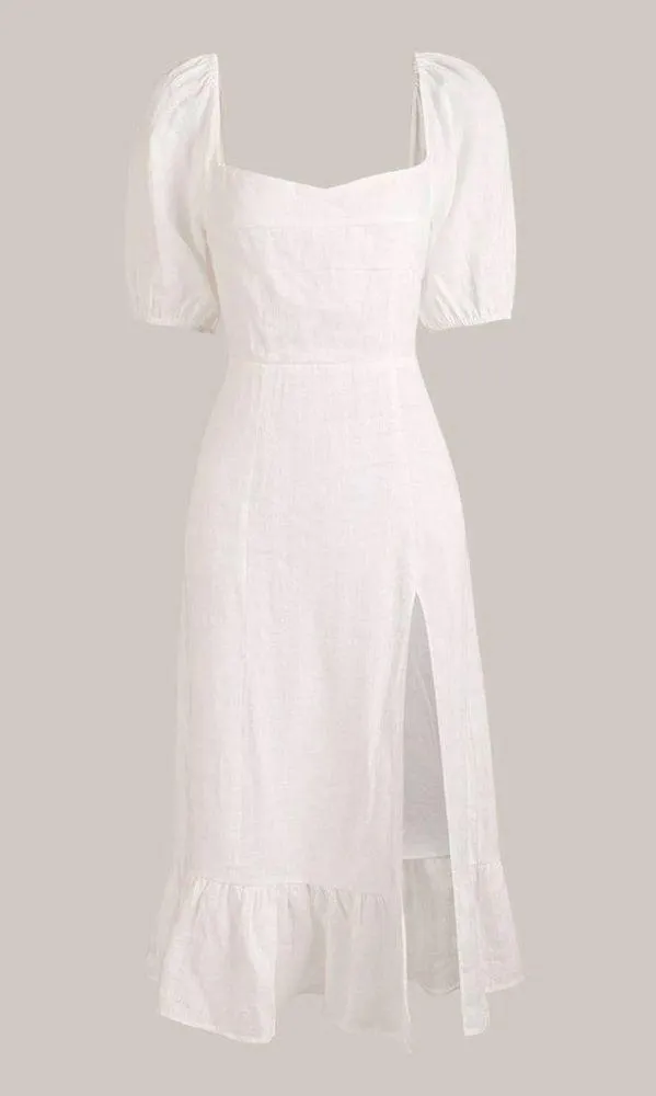 Rihoas Puff Sleeve Split Hem Midi Dress White - Image 2