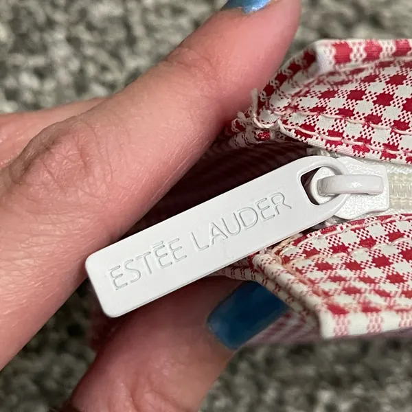 Estée Lauder Red and White Checkered Cosmetic Bag Zip Up Make Up Purse - Image 3