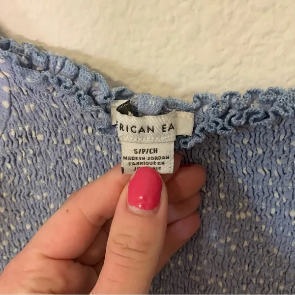 American Eagle Powder Blue Polka Dot Balloon Sleeve Smocked Crop Top Small - Image 2