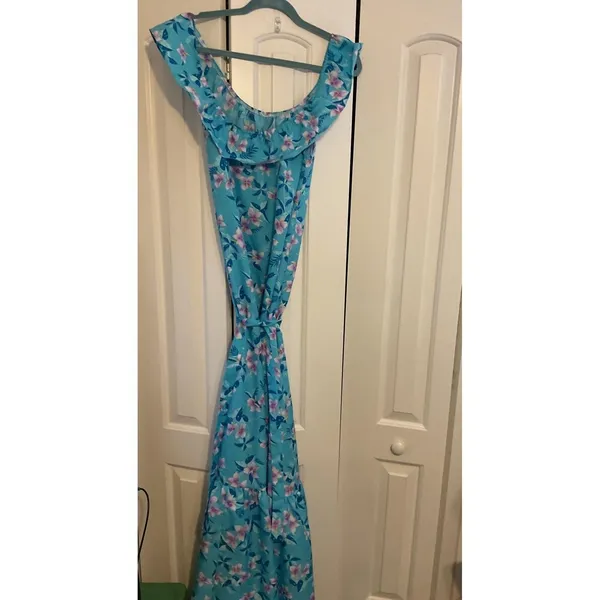 Vintage Hilo Hattie Hawaii Floral Maxi Dress Off Shoulder Ruffle Blue Purple M‎ - Image 3