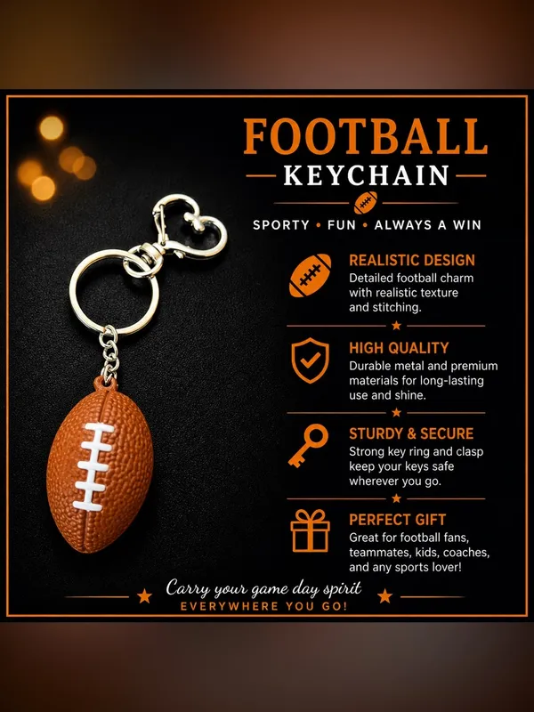 *30off3* Football 🏈 Keychain includes Heart Shape Silver Medal Spring Snap Clip. - Image 2