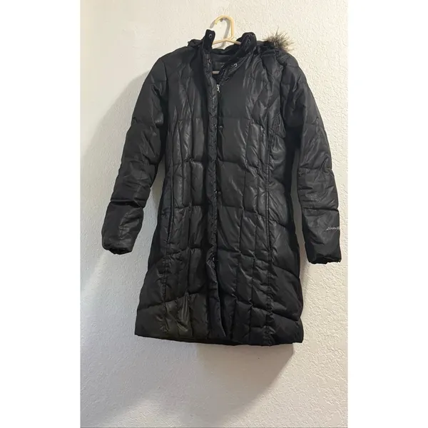 Eddie Bauer Women's Black Long Quilted Down Coat Parka Hood Faux Fur Sz M - Image 2
