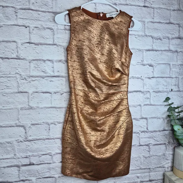 ELLIATT Rhian Metallic Ruched Mini Dress Rust Copper Bronze Bodycon XS Cocktail - Image 3