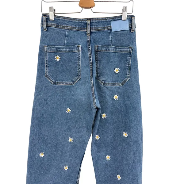 Desigual Embroidered Daisy Cropped Culotte Jeans‎ Wide Leg Blue Denim 40 US 8 - Image 7