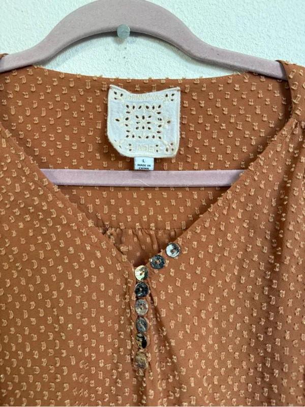 Johnny Was Brown Swiss Dot Boho Peasant Blouse L Ruffle V-Neck Top - Image 3