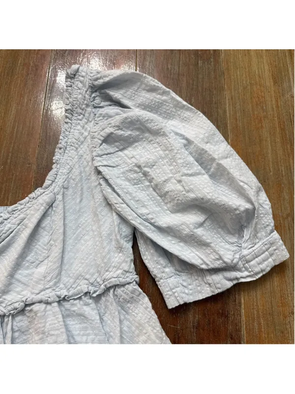 Free People Baby Blue Seersucker Puff Sleeve Babydoll Top Smocked Back S - Image 3