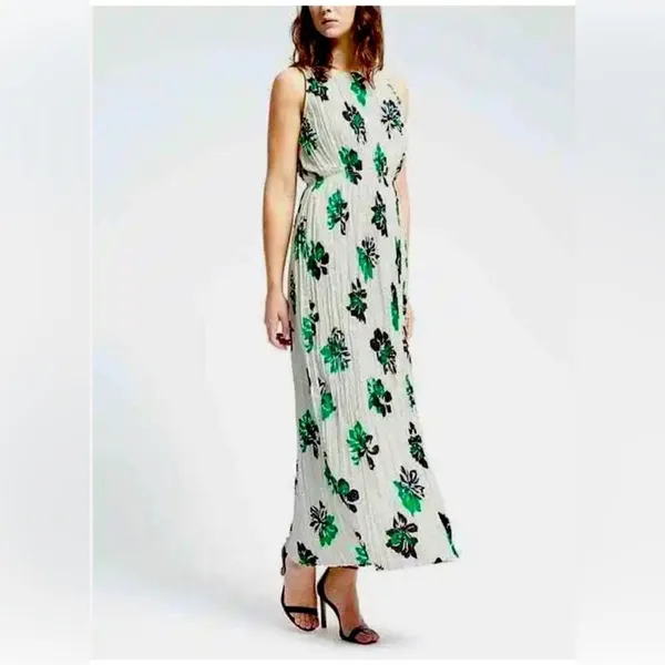 Banana‎ Republic Crinkle Pleat Chiffon Floral Maxi Dress White Green XL - Image 2