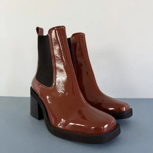 Gianni‎ Bini Banks Crinkle Patent Leather Double Gore Square Toe Brown Booties - Image 2