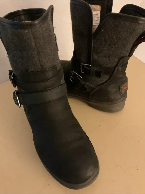 UGG women Black Leather and Gray Wool Moto simmens Boots US 8.5 - Image 2