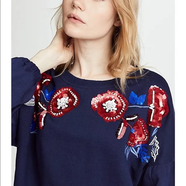 PARKER Beaded Sequin Sweatshirt Floral Embroidered Long Sleeve Blue‎ Red XS New - Image 8