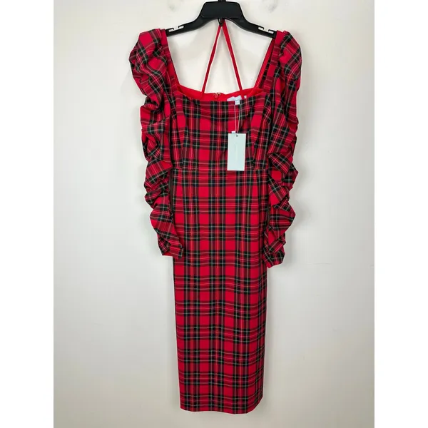 Antonio Melani Elena Plaid Square Neck Midi Dress Long Ruched Sleeve US 10 NWT - Image 4