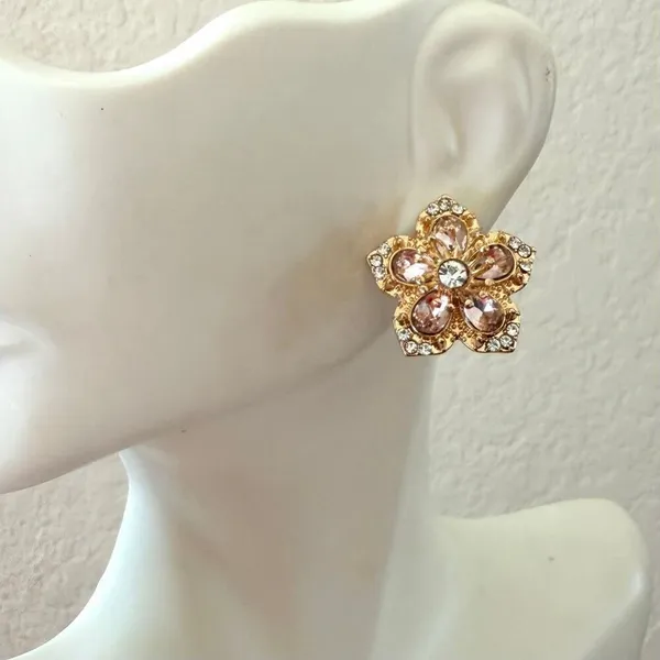 Betsey Johnson Pink Rhinestone Flower Statement Stud Earrings - Image 3