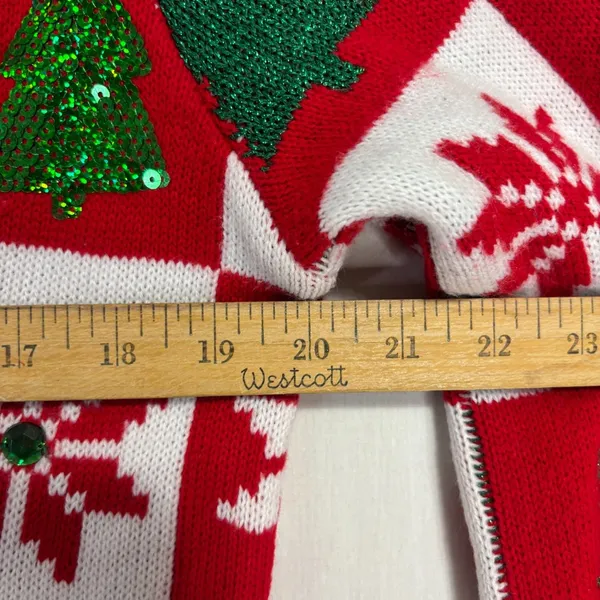 Ugly Christmas Holiday Sweater Button‎ Up Cardigan Red Sequin Trees Sz S (4-6) - Image 9