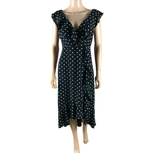 SANGRIA Black/White Ruffled Polka Dot Midi Dress Size 2 - Image 2