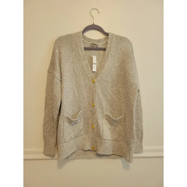New womens sz Medium J Crew silver sequin button down relaxed fit cardigan BS951 - Image 2