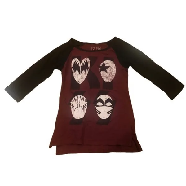 Kiss Vintage Graphic Band T Shirt 3/4 Sleeve Black Burgundy Top - Image 2