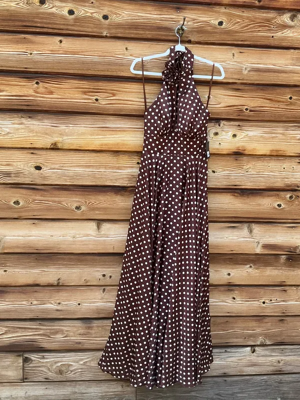 IEENA FOR MAC DUGGAL Size 2 Brown Polka Dot A-Line Halter Gown Rosette FLAWS - Image 6