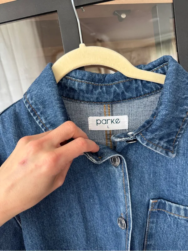 PARKE denim romper long sleeve button up playsuit collar patch dark wash - Image 4