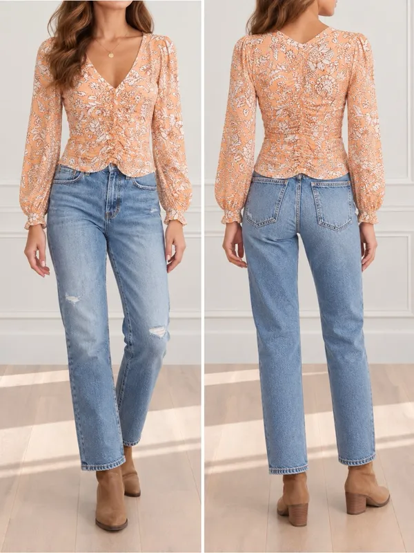 NWT Free People Say The Word Tee XS Blood Orange Floral Ruched Long Sleeve Top - Image 11